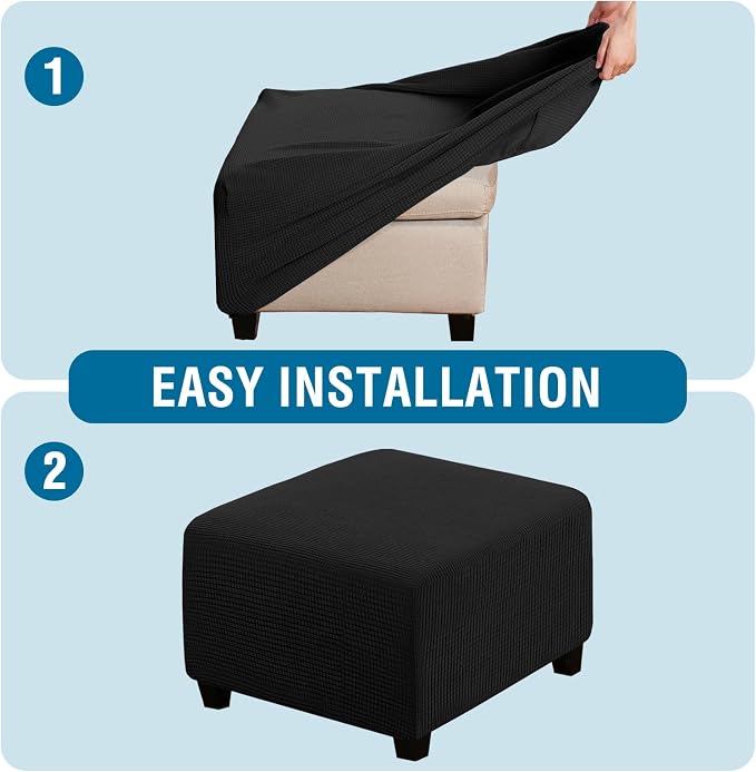 H.VERSAILTEX Square Ottoman Covers Ottoman Slipcovers Folding Storage Stool Furniture Protector Form Fit with Elastic Bottom, Stretch High Spandex Small Checks Jacquard Fabric(Large,Black)