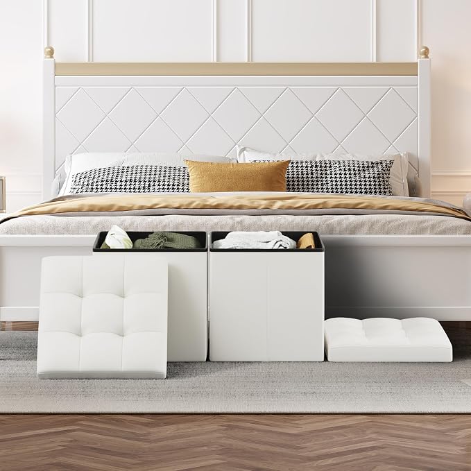 Storage Ottoman Bench, 15 Inch Ottoman Foot Rest, End of Bed Bench, Storage Chest for Living Room, Bedroom, Entryway, White