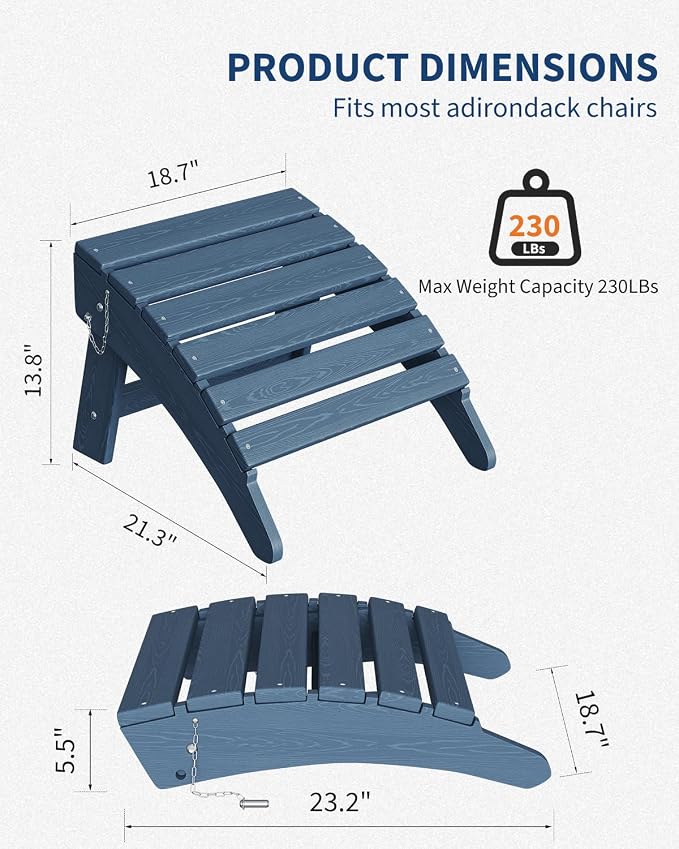 GarveeLife Folding Adirondack Ottoman Set of 2 for Adirondack Chair, HDPE All-Weather Footrest for in/Outdoor Patio Deck Backyard, Navy Blue