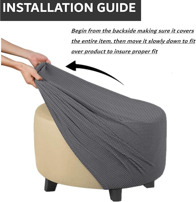 Stretch Ottoman Slipcover – Round Furniture Protector Fits 20"-23" Dia, for Footrests, Storage Ottomans & Folding Stools – Elastic Fabric Cover (Grey, Medium)