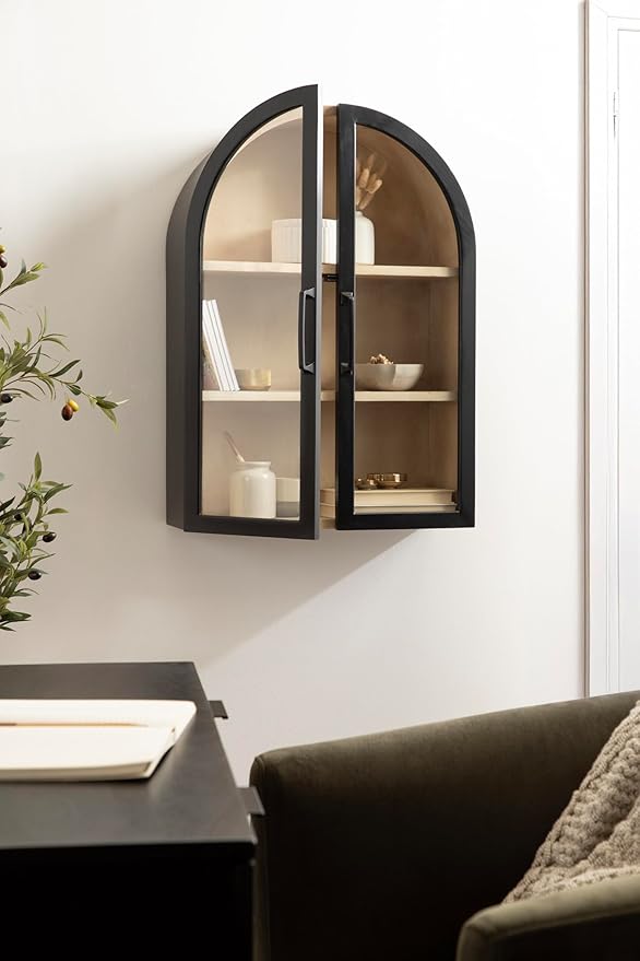 Kate and Laurel Arcott Modern Arch Wall Cabinet, 21 x 8 x 30, Natural Wood and Black, Transitional Arched Cabinet for Use as Over-the-Toilet Storage or Living Room Storage Cabinet