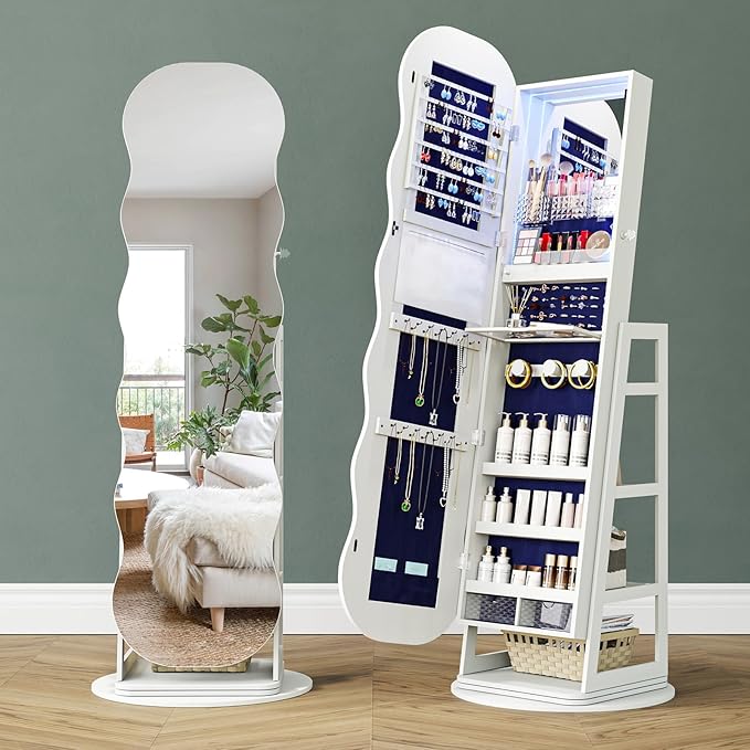 HNEBC 360° Swivel Jewelry Cabinet with Lights, LED Jewelry Armoire with Mirror, Wavy Wide Full-Length Mirror with Storage, Lockable Mirror Jewelry Cabinet Standing (White)