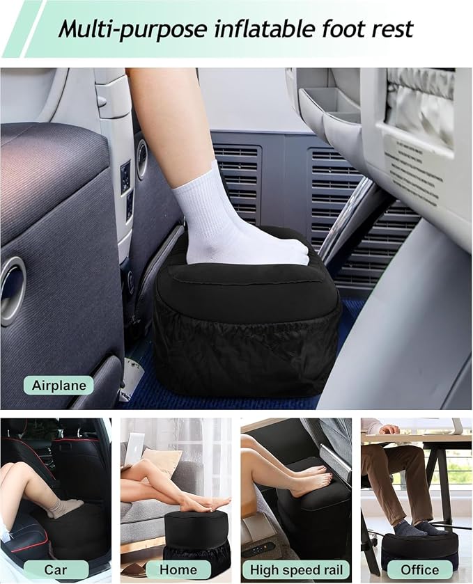 Inflatable Travel Foot Rest Pillow, Kids Airplane Bed, Adjustable 3 Layers Height Leg Rest Pillow, Adults Travel Essentials Great for Airplane, Office, Home, Trains, Cars (Black)