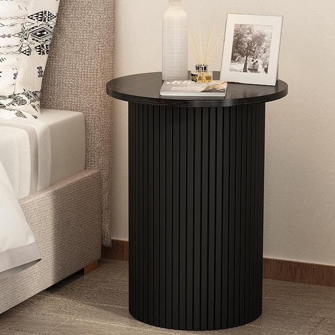 Wnutrees Round Fluted End Table, Small Accent Pedestal Side Table, Wood Fluted Nightstand Bedside Table for Living Room, Handcrafted Finish, Black