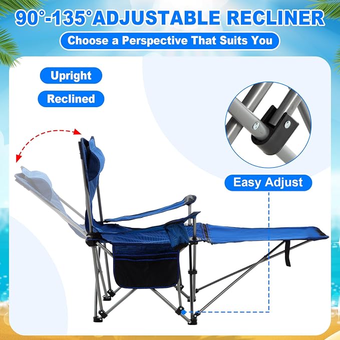 Yuntau 2 Set Reclining Beach Chairs with UPF 50+ Umbrellas Shade, Upgraded Heavy Duty Portable Folding Lounge Camping Chair with Canopy Removable Footrest & Headrest for Outdoor Patio(Blue)