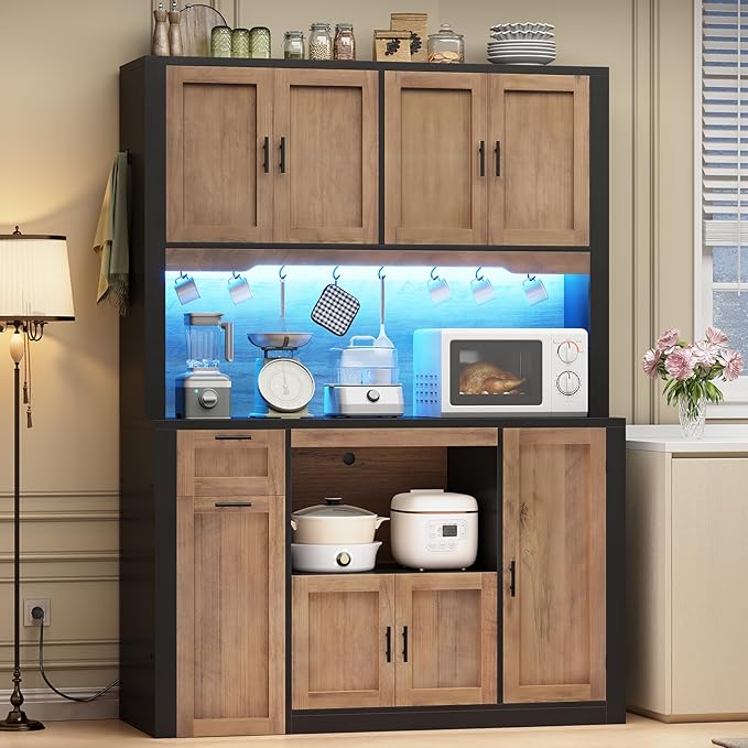 Itaar 71" Pantry Cabinet with Charging Station and LED Light, Kitchen Pantry Cabinet with Microwave Stand, 47.2" Wide Kitchen Storage Cabinets with Storage Cart 3 Tier for Dining Room,Brown