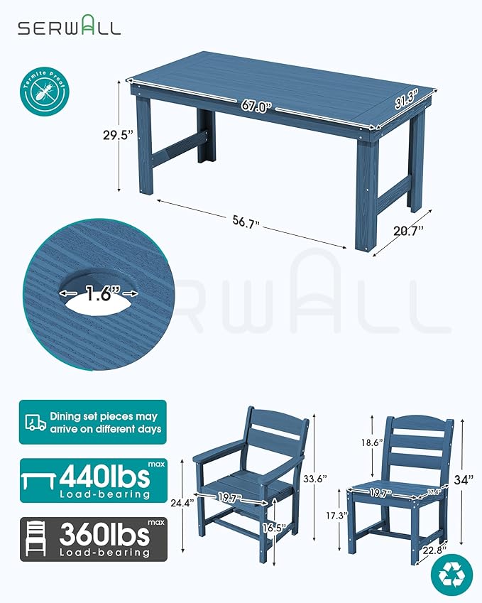 SERWALL Outdoor Dining Table Set, 67‘’ HDPE Patio Dining Set for 6, All-Weather Outdoor Table and Armless Chairs Set for Deck, Blue