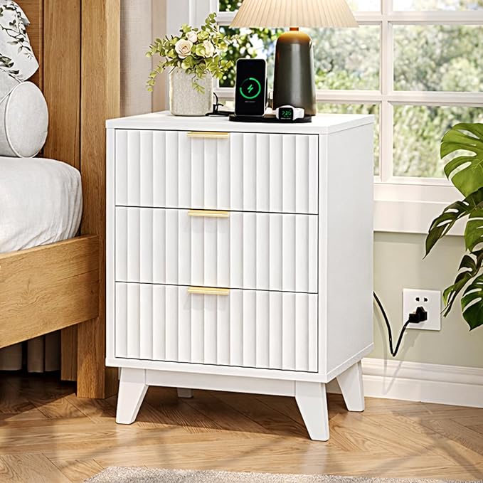 VINGLI Fluted White Nightstand with Charging Station, 3 Drawer White Night Stand Bedside Table with Drawers for Bedroom, Fluted Bedside Table/End Table/Side Table, 17.72" W*13.78" D*23.62" H, 1 pc