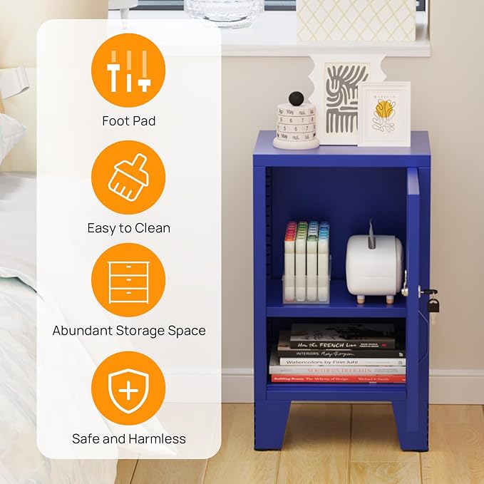 ALBAD Metal Nightstand with Lockable Cabinet, Compact Mini Locker Bedside Table for Kids & Adults, Modern Steel Side Table for Bedroom, Dorm, or Living Room (Blue)