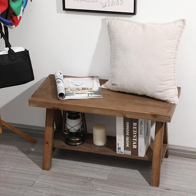 RowyPoey Solid Wood Bench, 30" Farmhouse Entryway Bench for Living Dining Room, Rustic Storage Bench Seat for Indoors, Natural