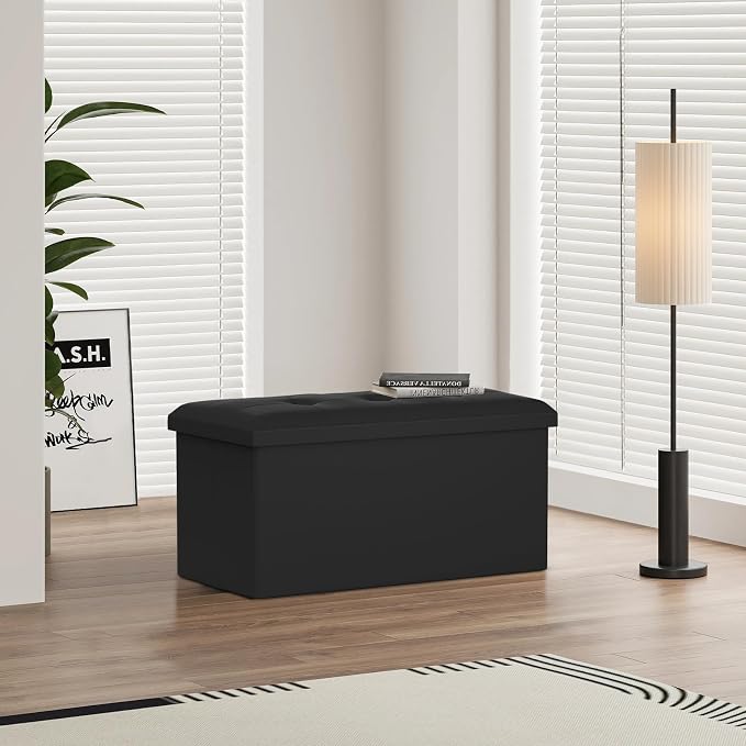 Magshion Folding Storage Ottoman Bench, 15 x 30 x 14.5 Inches PU Leather Ottoman Foot Rest, End of Bed Bench, 90L Storage Chest for Bedroom, Living Room, Entryway, Hallway, Black