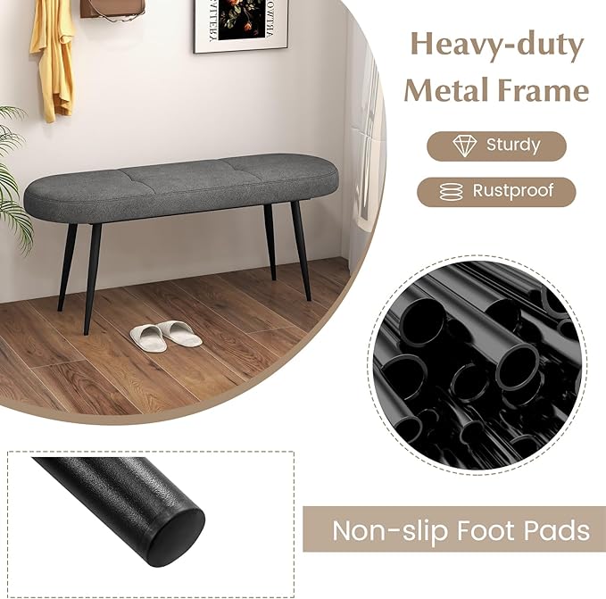 Giantex 47 inch Entryway Bench - End of Bed Bench, Upholstered Bench for Bedroom with Metal Legs, Padded Seat, Long Ottoman for Dining Room, Living Room, Bedroom, Hallway (Gray)