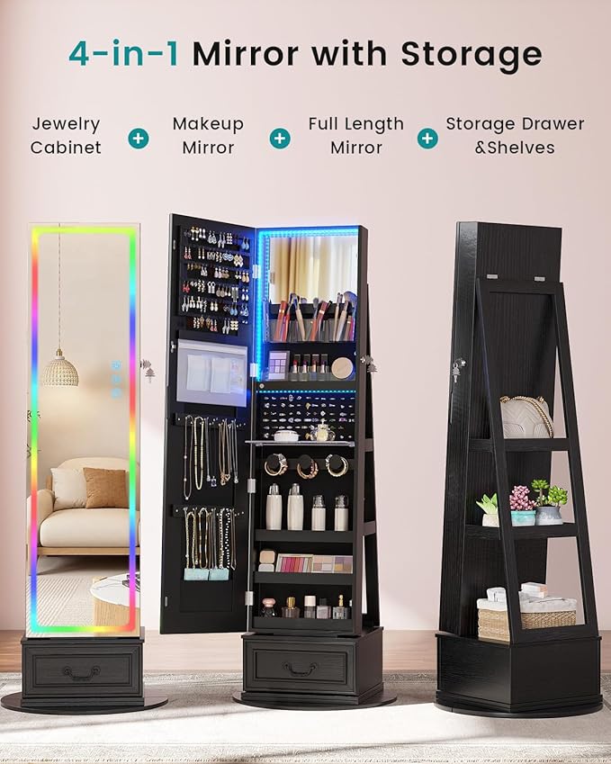Vlsrka LED Mirror Jewelry Cabinet with Lights, Lockable Full Length Mirror with Storage, Standing Jewelry Armoire Organizer with Touch Screen&RGB Modes for Small Bedroom Spaces, Gift for Women, Black