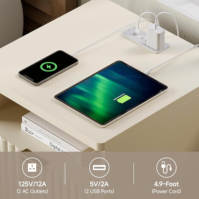 Nightstand with Charging Station, Night Stand with Open Shelf and 2 Drawers for Bedroom, Side Table Bedside Table with USB Ports & Outlets, Small Nightstand End Table (Beige)