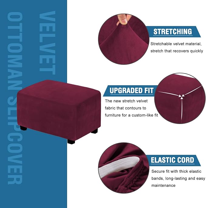 H.VERSAILTEX Real Velvet Plush 1 Piece Form Fit Stretch Rectangle Folding Storage Covers Ottoman Slipcovers Removable Footstool Protect Footrest Covers Elastic Bottom Washable(X-Large, Burgundy)