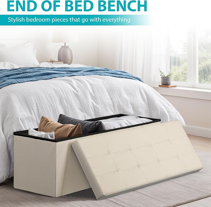 ZENY 43.3 Inches Folding Storage Ottoman Bench with Hidden Storage, Foot Rest Stool, Chest for Living Room, Bedroom (Beige, 15" D x 43.3" W x 15" H)