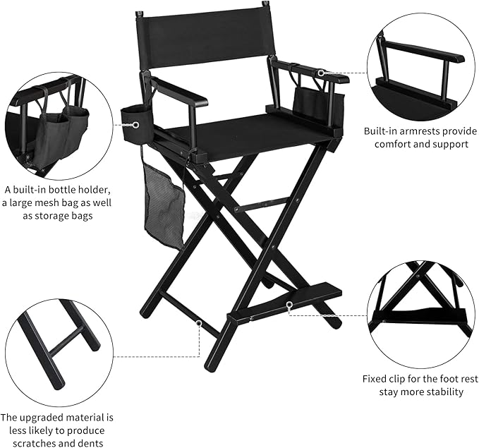 OmySalon 26" H Tall Directors Chair, Wooden Portable Folding Makeup Chair w/Storage Pouch & Footrest, Professional for Salon/Events/Mobile Services, 250lb Capacity, Black Canvas
