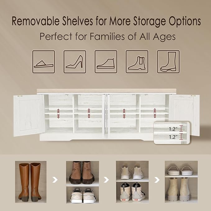 DINZI LVJ Shoe Bench, Entryway Storage Bench with Doors, Cushion, 2-Tier Shoe Rack with 8-Cubby, 47.2”L x 13.8”W Farmhouse Shoe Organizer Cabinet, Adjustable Shelf, Living Room, Bedroom, Rustic White