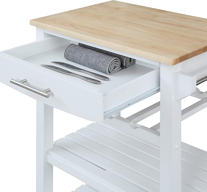 Convenience Concepts Ellaine Butcher Block Kitchen Cart 24.75" - 4 Tier Kitchen Island with Storage Drawer, Dining Room Wine Rack on Wheels, Coffee Station Table, Mobile Utility Trolley, White