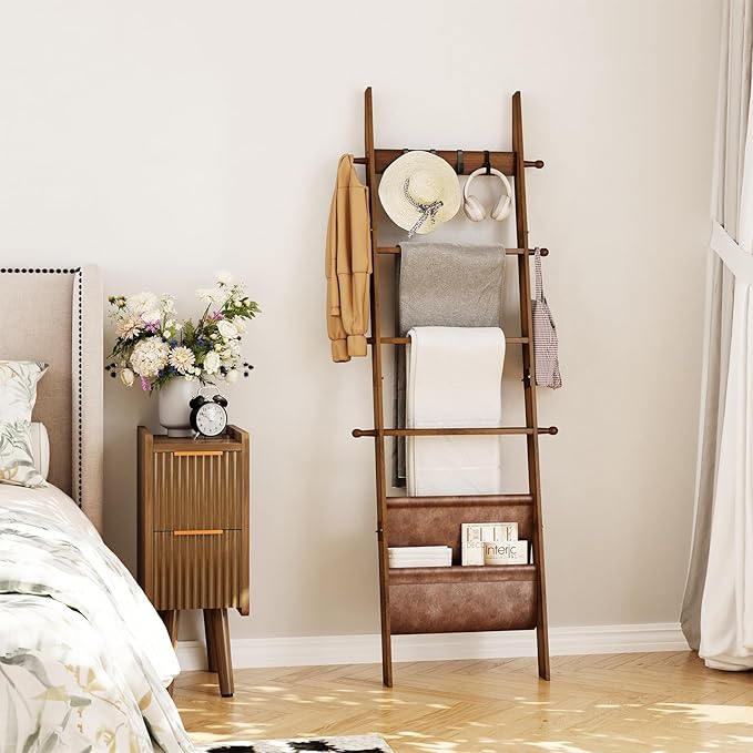 ELYKEN Blanket Ladder for Living Room, 5-Tier Wooden Towel Rack with Synthetic Leather Pocket, 4 Removable Hooks, Decorative Leaning Ladder Shelf for Bedroom, Walnut