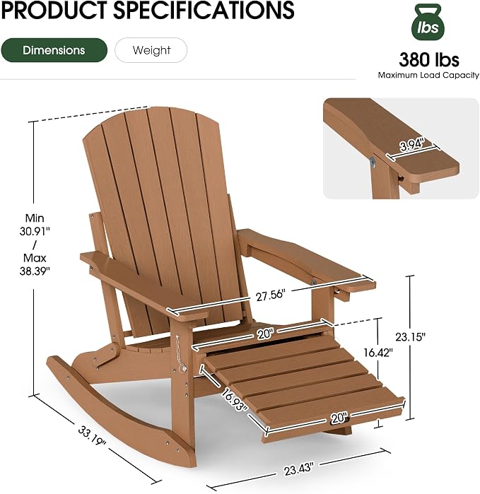 Adjustable Adirondack Rocking Chair with Retractable Ottoman Footrest, 4-in-1 Foldable HDPE Outdoor Rocker, Weather Resistant Adirondack Chair for Porch, Garden & Poolside, Teak