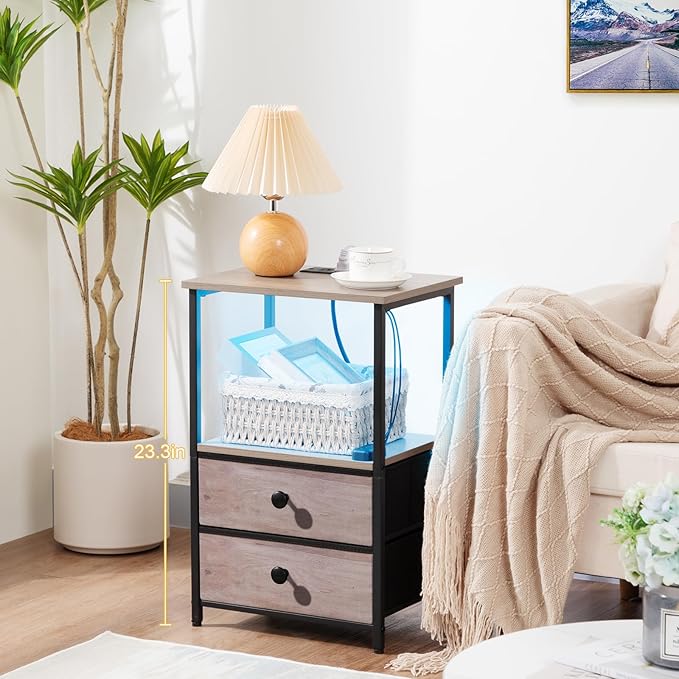 LOAKEKEL Night Stand Set 2, LED Nightstand with Charging Station, End Tables with Storage Shelf, Bedside Table with 2 Fabric Drawers for Bedroom, Small Spaces, Grey HETS02PGY