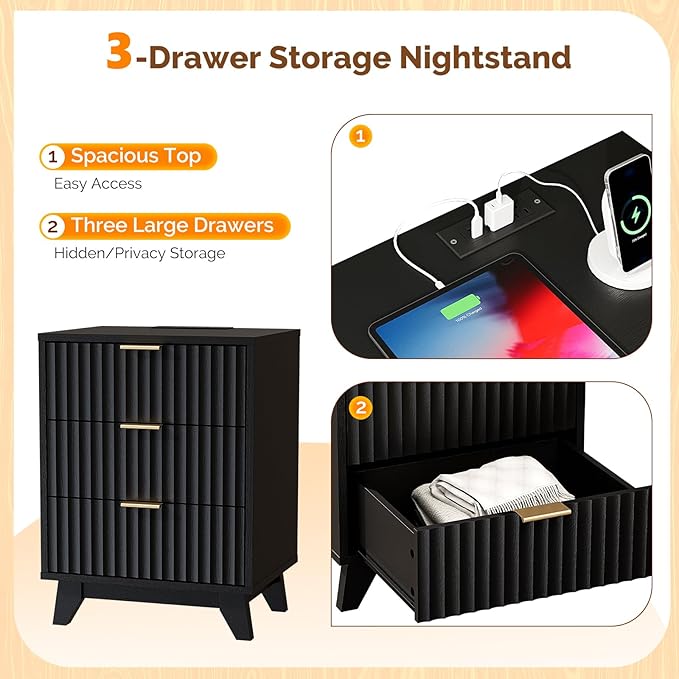 VINGLI Black Fluted Nightstand with Charging Station,3 Drawer Black Wood Nightstand for Bedroom, Modern Night Stand with Drawers, Fluted Bedside Table/End Table/Side Table, 17.72" W, 1 pc