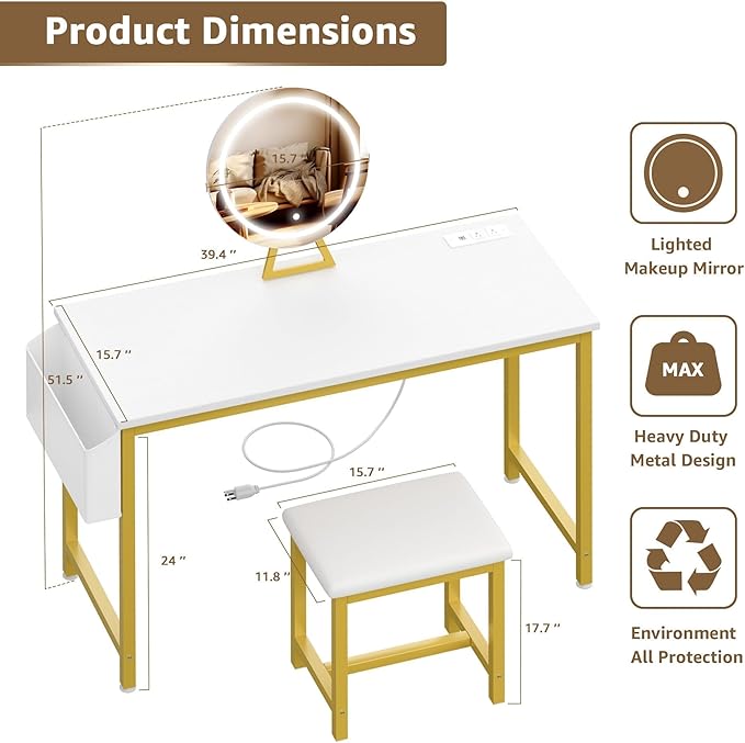 Cheap Makeup Girls Vanity Set with Mirror and Stool and Lights & Power Outlet, White Make Up Dressing Table with Chair, Kids Vanities for Bedroom 40“