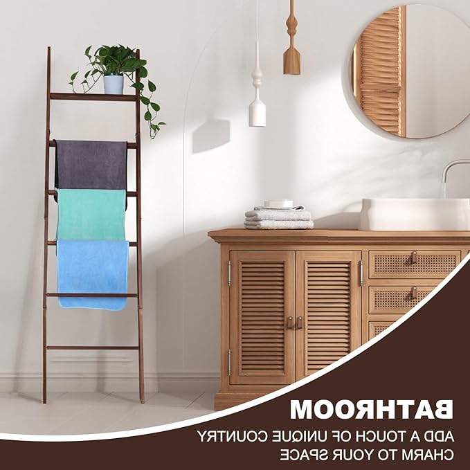Blanket Ladder for Living Room and Bedroom,6-Tier Decorative Display Ladder Shelf,Ladder Rack for Storage and Decor,Wall Leaning Farmhouse Blanket Storage,Towel Rack, Bathroom,Brown