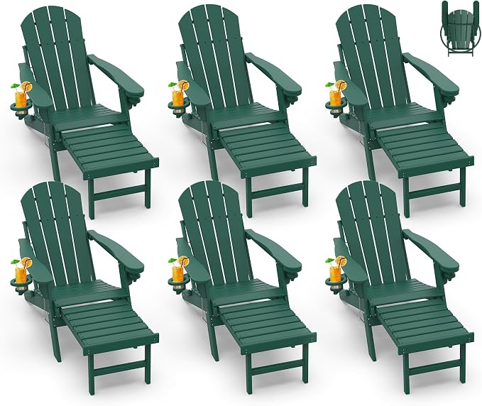 GREENVINES Adirondack-Chairs-with-Ottoman | Set of 6 | Folding | Retractable-Footrest | HDPE Plastic | All Weather Fire Pit Chair | Cup Holders | Forest | for Outdoor Poolside