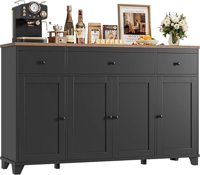 HIFIT 55" Large Kitchen Buffet Cabinet with Storage Drawers, Farmhouse Sideboard Buffet Table Storage Cabinet with Doors and Shelves, Wood Coffee Bar Cabinet for Kitchen Dining Living Room, Black