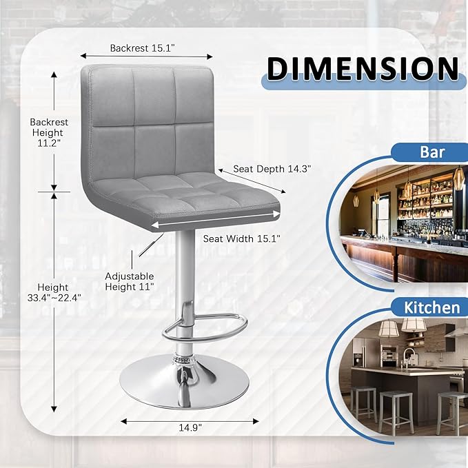 Homall Bar Stools Modern Velvet Adjustable Swivel Barstools, Armless Hydraulic Kitchen Counter Bar Stool Extra Height Square Island Barstool with Back Set of 2 (Velvet, Gray)