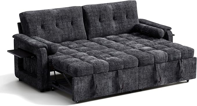 Convertible Sleeper Sofa Bed, 86 Inch Chenille Pull Out Couch with Side Table & Adjustable Backrest, Sectional Sleeper Sofa with Pull Out Bed for Living Room, Apartment, Black