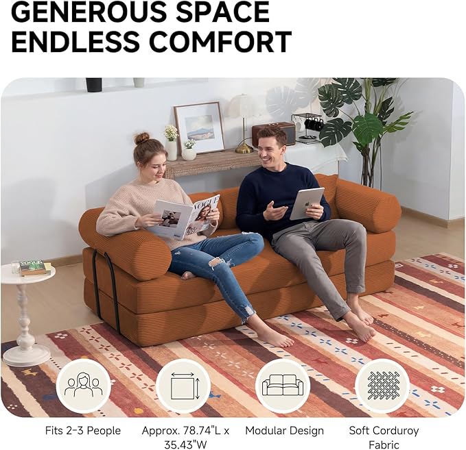 79" Boneless Couches for Living Room, Corduroy Sofa Bed with 2 Pillows,Side Pockets,Hex Arm, 5-in-1 Loveseat Sleeper Sofa for Small Spaces, High-Density Foam Couch, No Assembly, Orange