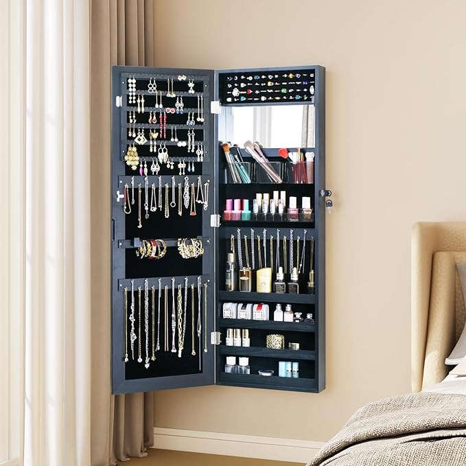 Full Length Mirror Jewelry Cabinet - 2-in-1 Organizer for Makeup and Jewelry,Lockable Door Wall-Mounted Jewelry Armoire with Shelves and Behind the Door Storage Black