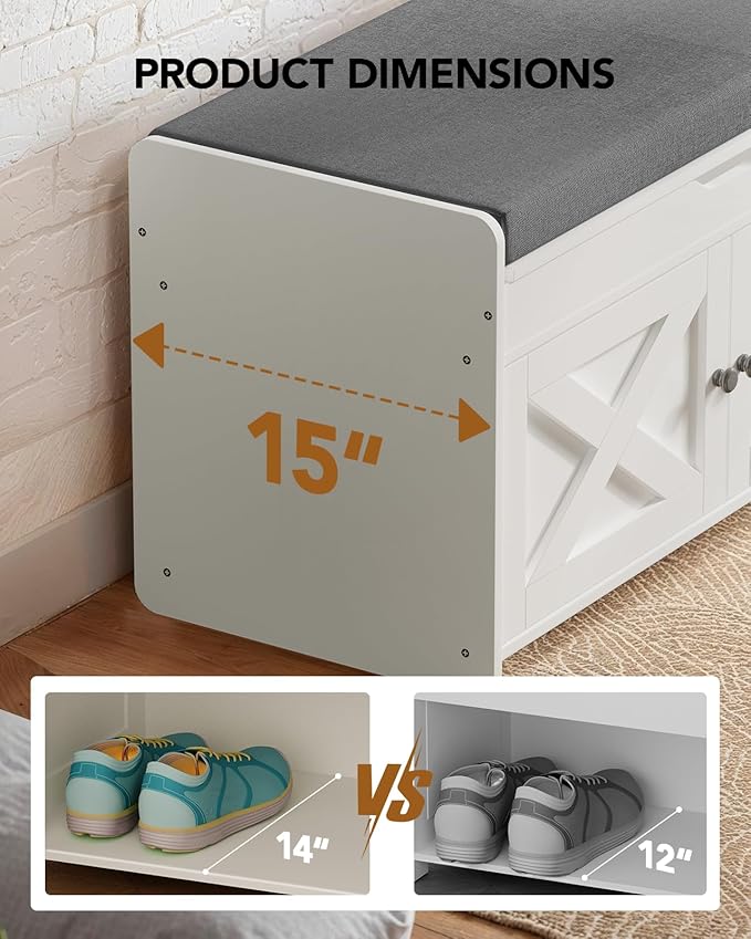 Amada Shoe Storage Bench, 31.5" Small Entryway Bench with Cushioned Seat & Lift Top Storage, 2 Door, Adjustable Shelf, 300 lbs Capacity, Bench with Shoe Rack for Entryway, Bedroom, Living Room, White