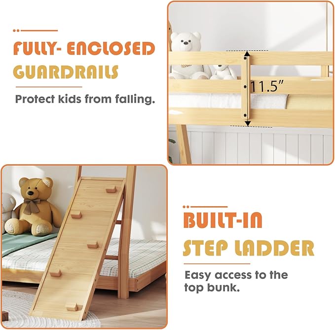 DUMOS Bunk Bed Twin Over Full Size, Wooden House Bunk Bed with Climbing Nets & Ramp, 82'' High Kids Bed Frame for Boys Girls Bedroom, Dorm, No Box Spring Needed