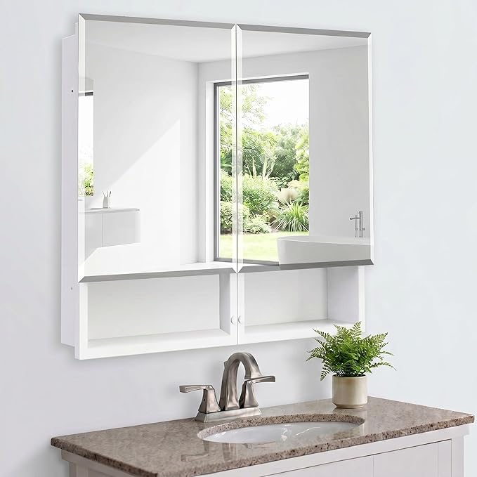 Medicine Cabinet with Mirror, 32x26 Inch Bathroom Mirrored Cabinet with Double Doors, Extra Storage Space, Bevel Mirror Wall Cabinet, Recessed or Surface Mount