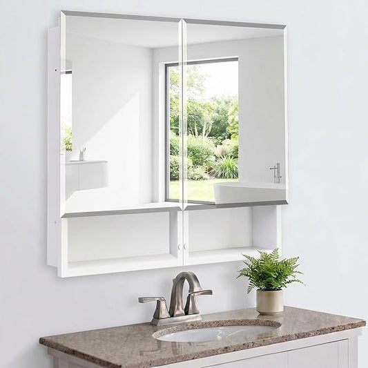 Medicine Cabinet with Mirror, 32x26 Inch Bathroom Mirrored Cabinet with Double Doors, Extra Storage Space, Bevel Mirror Wall Cabinet, Recessed or Surface Mount