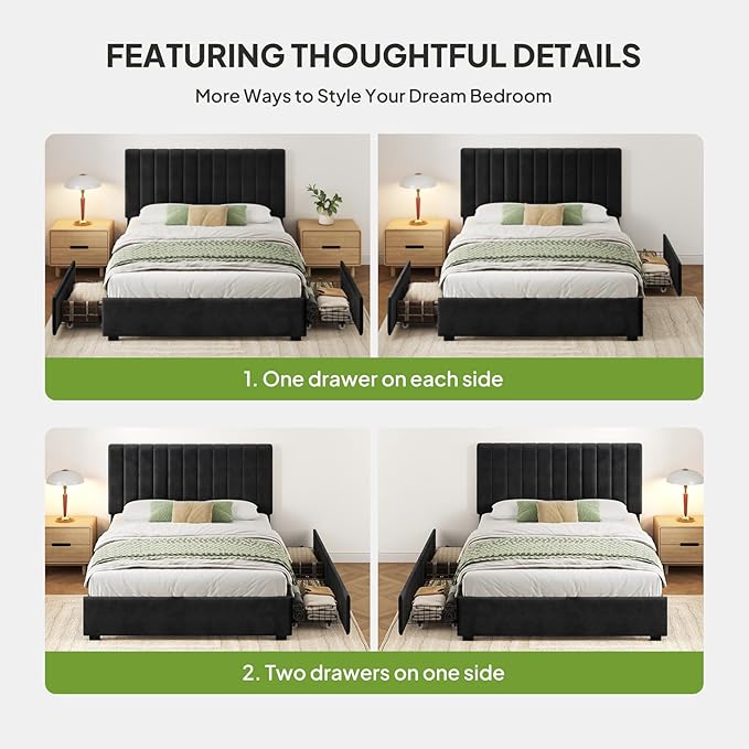 Welzona Bed Frame Queen Size with Storage and Headboard, Velvet Upholstered Metal Platform Corner Bed with Vertical Tufted Headboard, 2 Storage Drawer, 3-Height Level, Noise Free Easy Assembly, Black