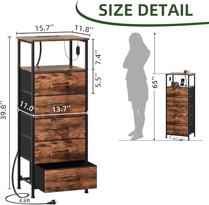 Somdot Tall Nightstand with Charging Station and LED Light for Bedroom, 5 Drawers Dresser with Fabric Bins for Bedside Kids Dorm Room Closet Laundry Entryway, Wood Grain Print