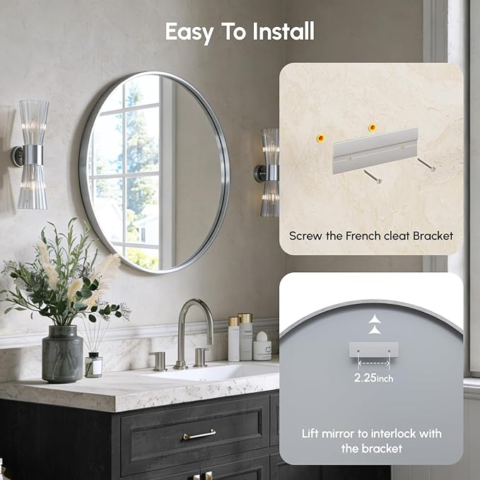 USHOWER Brushed Nickel Bathroom Mirrors for Over Sink, 24 Inch Circle Mirror with Metal Frame, Wall Mirror for Vanity, Entryway, Living Room, Hallway and Bedroom Decor