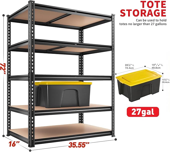 REIBII 2400LBS Storage Shelves 5 Tier Garage Shelving Heavy Duty, Adjustable Metal Shelving, Garage Shelves for Basement, Warehouse, Pantry, Closet, Kitchen 72" H x 36" W x 16" D, Black, 4 Pack