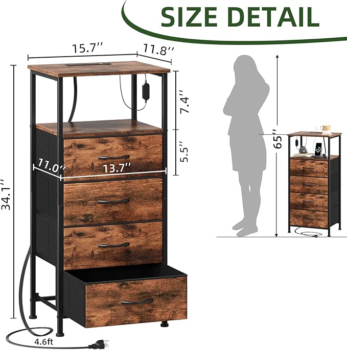 Somdot Tall Nightstand with Charging Station and LED Light for Bedroom, 4 Drawers Dresser with Fabric Bins for Bedside Kids Dorm Room Closet Laundry Entryway, Wood Grain Print