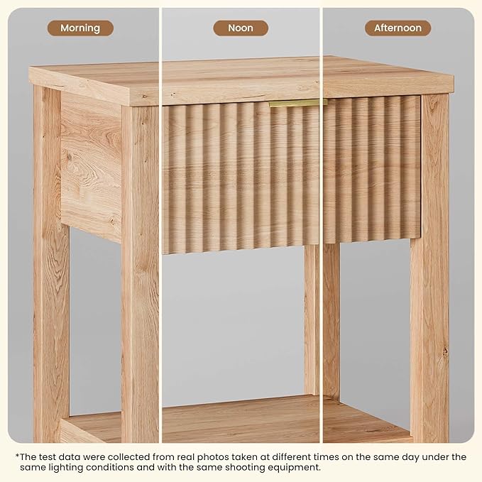 Fluted Night Stand with Golden Handle,Mid-Century Nightstands with Drawer,Modern Bedside Table with Storage Shelf,Large End Tables for Livingroom,Bed Side Tables for Bedroom,Natural Oak