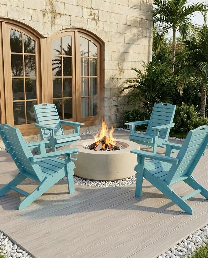 Adjustable Adirondack Chairs Set of 4 with Retractable Ottoman, HDPE Folding Adirondack Chair with Cup Holders, Weather Resistant for Backyard, Poolside & Fire Pit (Lake Blue)