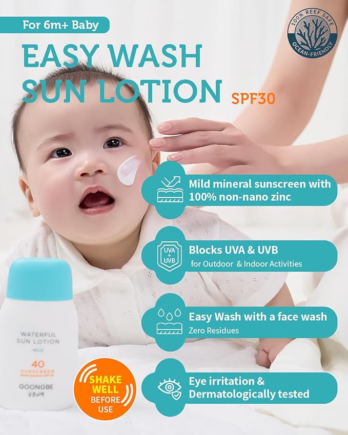 GOONGBE Baby Kids Easy Wash Sun Lotion SPF 30 & Cooling Gel Cream - Zinc Oxide Mineral Sunscreen & 3-Second Soothing Relief - Vegan Hypoallergenic for Sensitive Skin, 2.11oz & 3.38oz