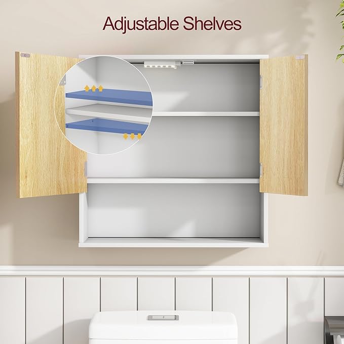 Bathroom Wall Cabinet With Mirror,wall mounted bathroom cabinet,Medicine Cabinet with 2 Door ,Side Hook,Light and Adjustable Shelves,White Cabinet with Wood Grain,Over The Toilet Space Saver Cabinet.