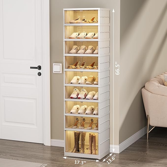 SYNCVIBE Shoe Rack Organizer for Closet Entryway 9 Tiers-18 Pairs Foldable Sneaker Storage Shoe, Collapsible Shoe Cabinet with Doors, Stackable Shoe Storage Cabinet with Lids for Living Room