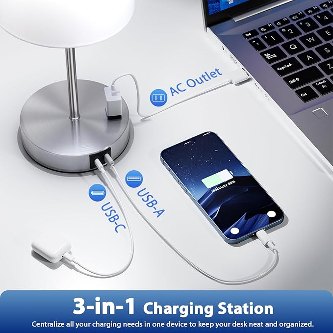 White Touch Lamps for Nightstand Set of 2 - Bedside Table Lamp for Bedroom with Dual USB Ports & AC Outlet, 3-Way Dimmable Lamps for Living Room Boys Room, Night Light with 5000K Daylight Bulbs